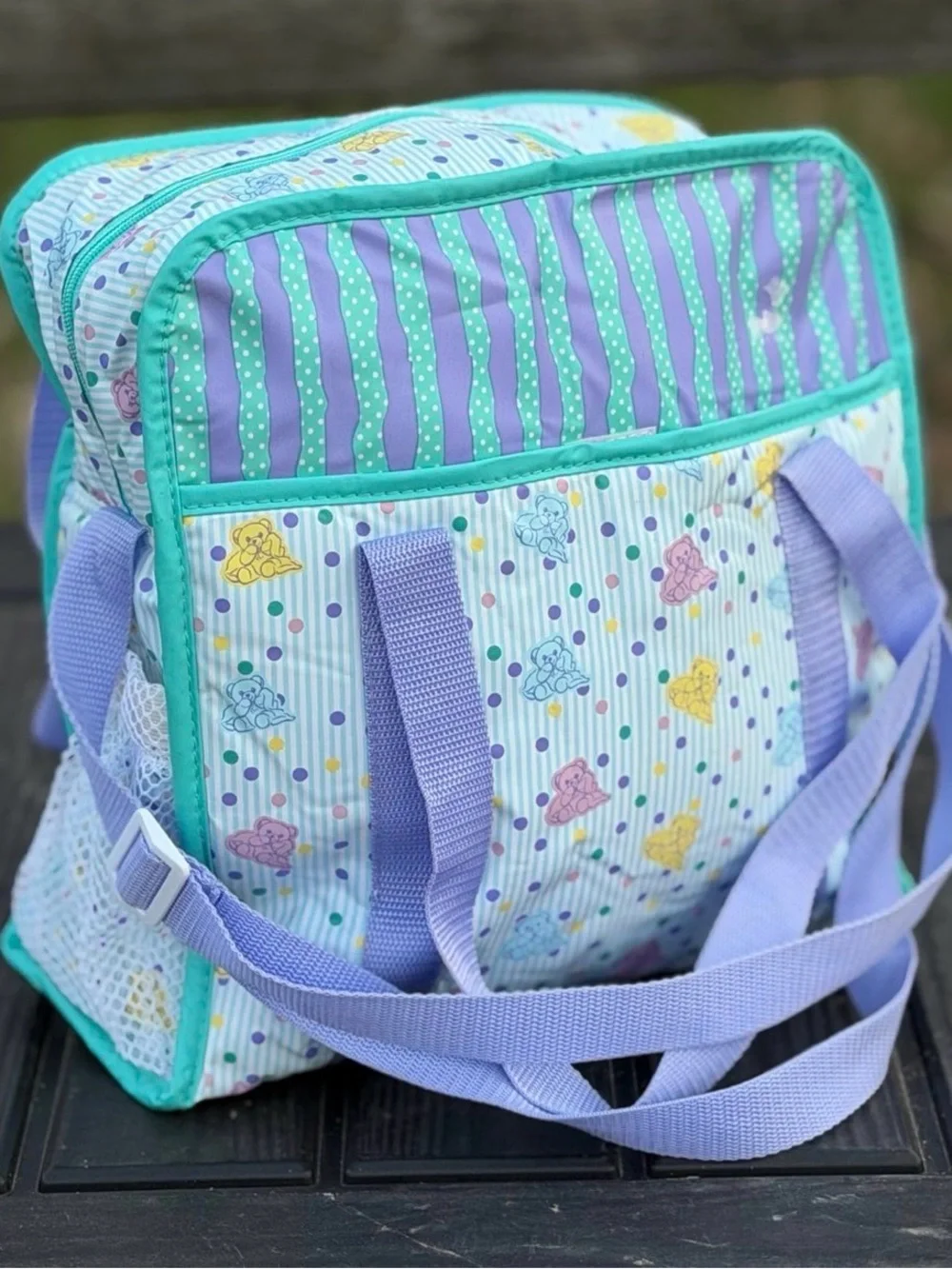 Vintage 90s mint and lavender pastel teddy bear all over print vinyl diaper bag